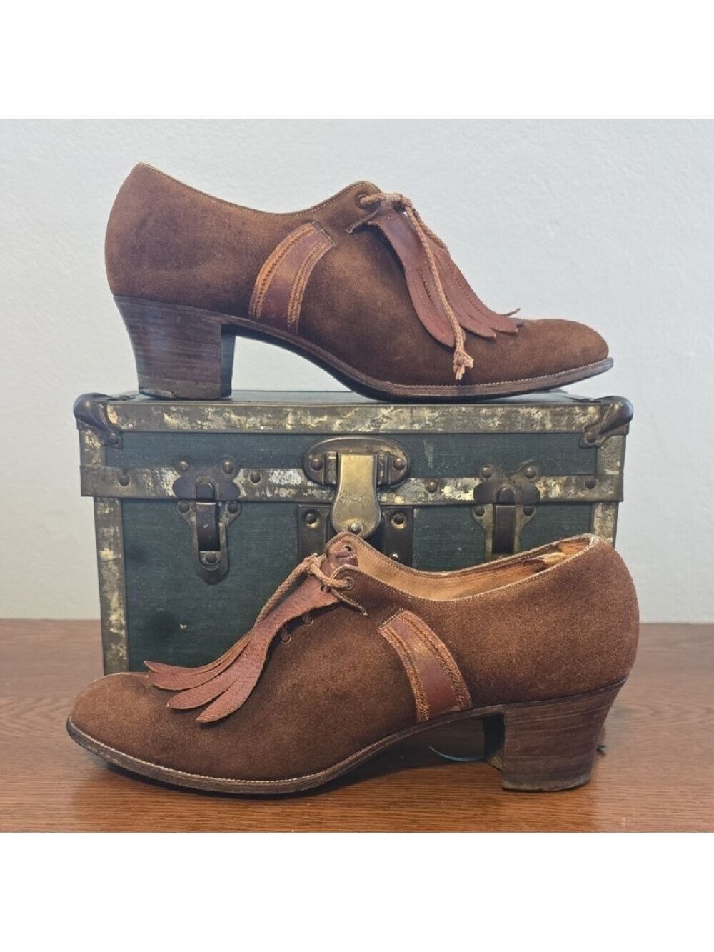 Authentic Vintage Women's 1920s Suede & Leather Fringe Tassel Block Heel Shoes